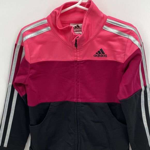 Adidas 5 Pink Red Black Full Zip Warm Up Jacket Girls Track Coat - Picture 2 of 5